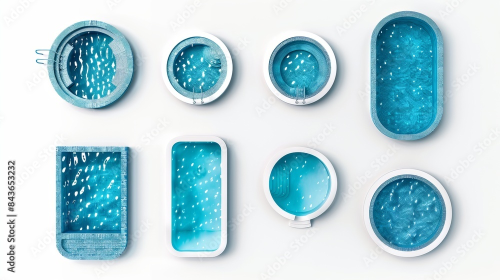 Poster a set featuring swimming pools of various shapes is presented in a top view on a white background de