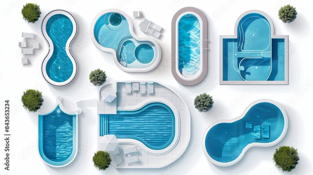 Poster a set featuring swimming pools of various shapes is presented in a top view on a white background de
