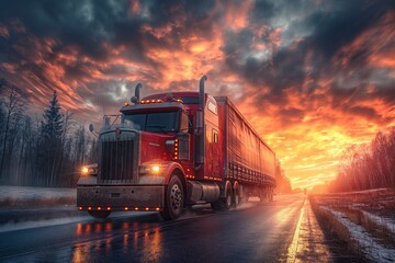 Red semi-truck driving at sunset