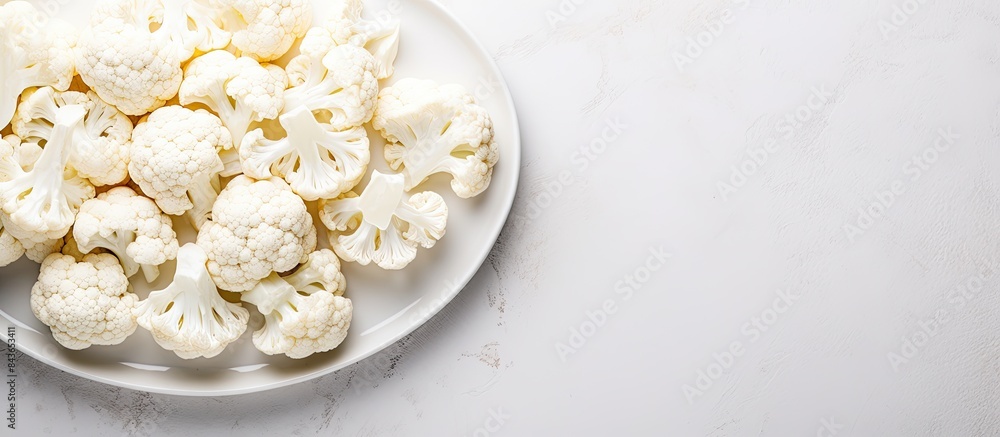 Poster plate with cut fresh raw cauliflower on light grey table top view space for text. copy space availab