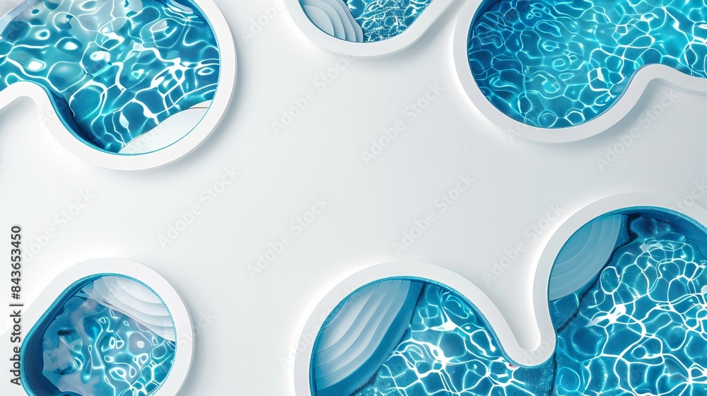 Poster a set featuring swimming pools of various shapes is presented in a top view on a white background de