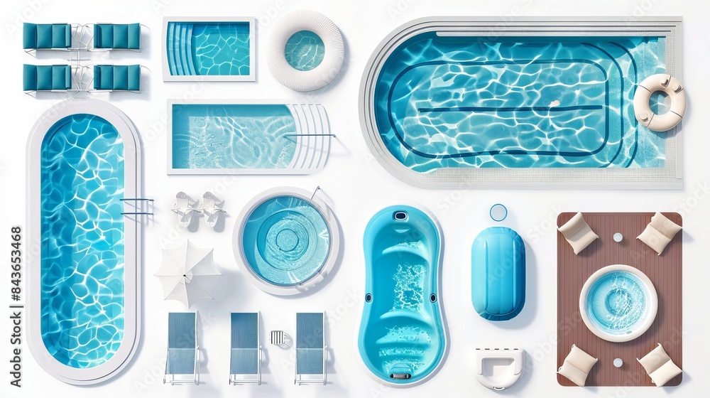 Poster a set featuring swimming pools of various shapes is presented in a top view on a white background de