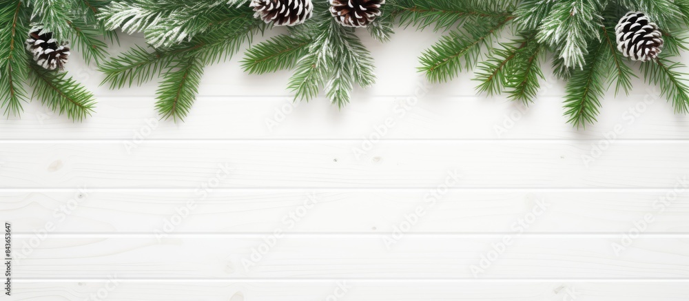 Poster a stunning arrangement of fir branches gracefully adorning a pristine white wooden backdrop leaving 