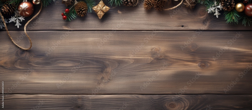 Poster flat lay composition with christmas decor and space for text on wooden background festive winter des