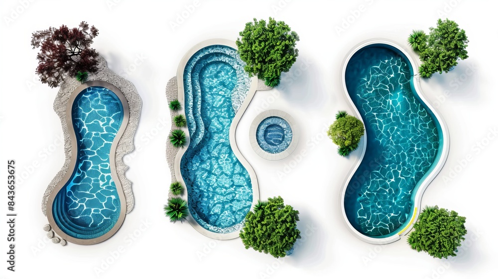 Poster a set featuring swimming pools of various shapes is presented in a top view on a white background de