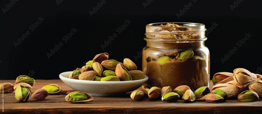 Poster tasty nut paste in jar and pistachios on wooden table closeup space for text. copy space available