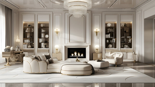A grand and luxurious living room with classic decor and a fireplace, highlighting opulence and comfort.