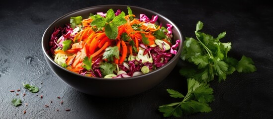 A vibrant vegan salad with cabbage beets and carrots seasoned with dill and sesame is showcased on a gray background The image promotes the idea of an alkaline diet. copy space available