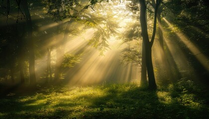 Obraz premium Spectacular sun rays shining through woods and tree in the dense forest. Green and lust forest on a beautiful summer day