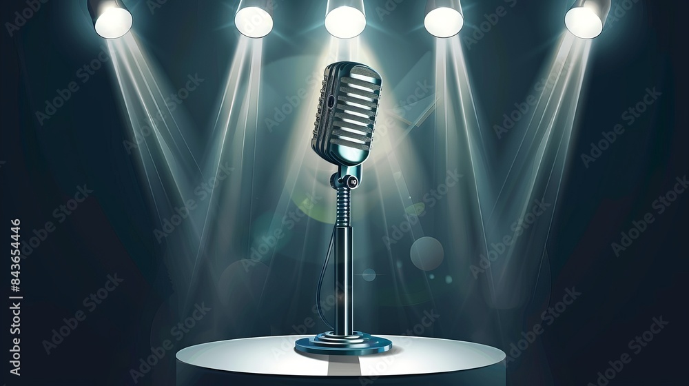 Aufkleber realistic vector metallic microphone stands are positioned on an empty round white stage illuminated