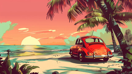 Beautiful vector illustration of tropical beach with vintage car for poster greeting card design