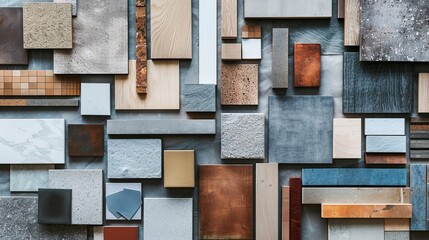 A textures mood board displays material samples for interior design intended for architects styling and selection in a topview presentation