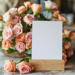 Obraz premium wooden menu holder, a blank page, menu mockup, many rose flowers in the background, cute, kawaii, valentines day background 