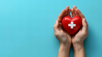 Hands holding a red heart with a white cross on a blue background, symbolizing healthcare and support.