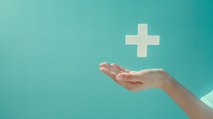 A hand supporting a glowing medical cross symbol on a teal background, symbolizing healthcare and support.