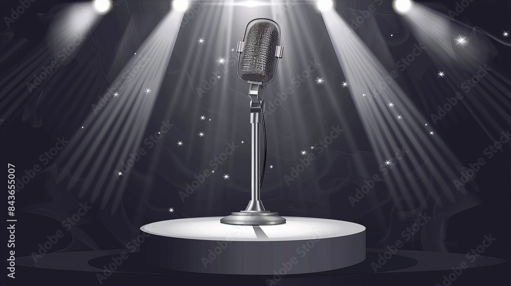Aufkleber realistic vector metallic microphone stands are positioned on an empty round white stage illuminated