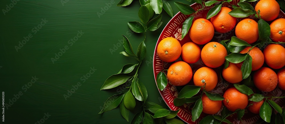 Poster Red plate of oranges and tangerines with green leaves on a light background Top view copy space