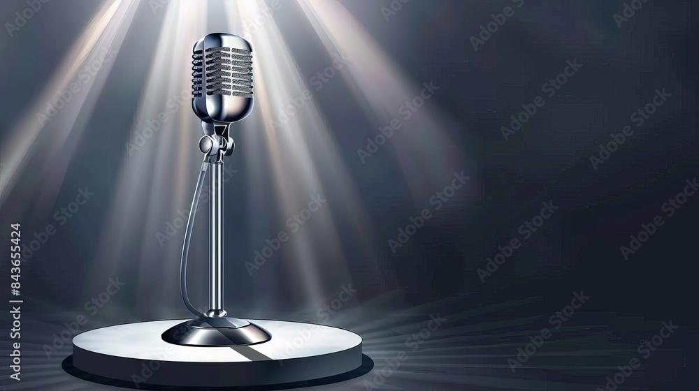 Aufkleber realistic vector metallic microphone stands are positioned on an empty round white stage illuminated