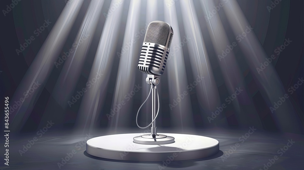 Aufkleber realistic vector metallic microphone stands are positioned on an empty round white stage illuminated