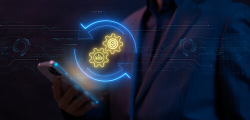 Money, profit, cashflow, investment, economy, finance and success concept. Businessman shows glowing neon line of usa currency dollar coin with gear spinning around.