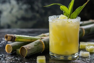 Refreshing Sugarcane Juice with Ice and a Lime Wedge