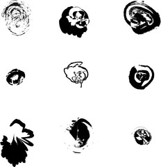 Paint Brush. Vector brush set. Elements of grunge design. Painted inked circular stripes. Creative isolated round spots. A group of abstract grunge sketches for teaching design or decorating graphic a