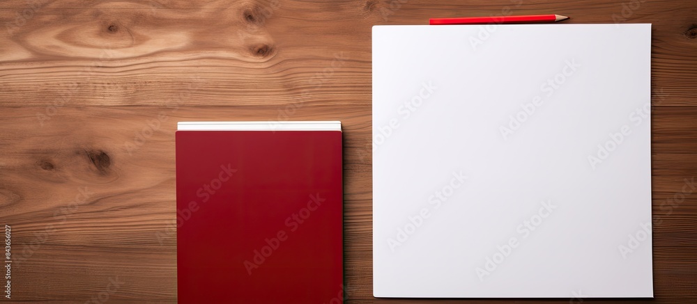 Aufkleber Red notebook and white tablet on a table with a wooden texture. copy space available