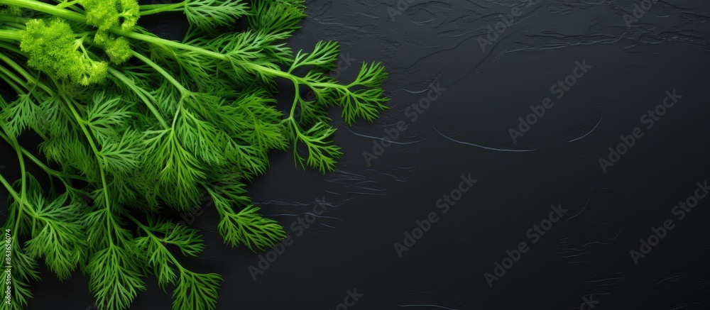 Poster fresh green bunch of dill on black slate background with free copy space for text