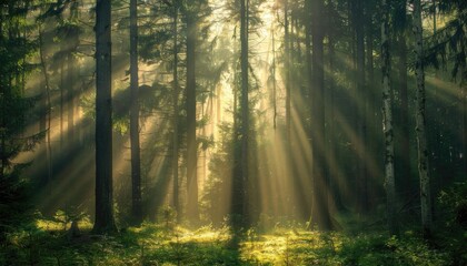 Spectacular sun rays shining through woods and tree in the dense forest. Green and lust forest on a beautiful summer day