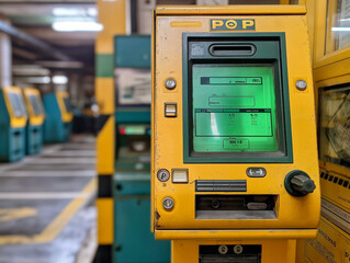 A yellow machine with a green screen that says POP. It is in a parking garage. The machine is old and dirty