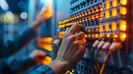 An IT service person's hands connect the Lan cable inside the proxy panel to turn on the building's electrical system
