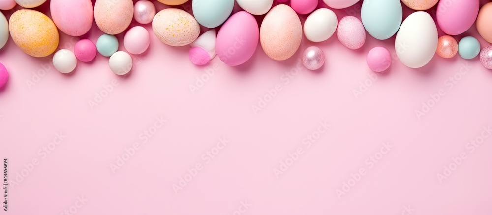 Aufkleber top view of a light pink background with a white frame adorned with colorful easter eggs and sweet c