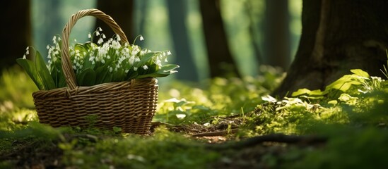 wild garlic harvesting basket on ramson field. copy space available