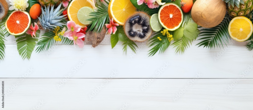 Poster top view of a tropical summer concept photograph with summer accessories arranged on white wooden pl