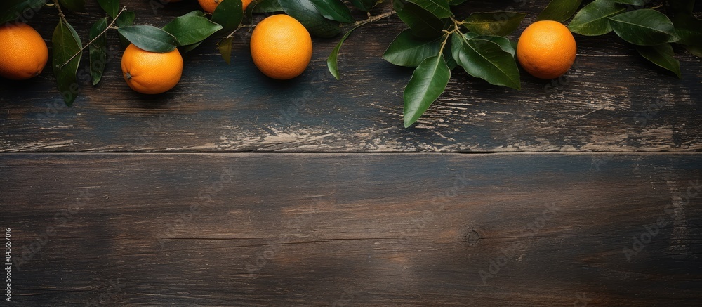 Poster the copy space image features a weathered wooden surface with an orange fruit adorned with leaves