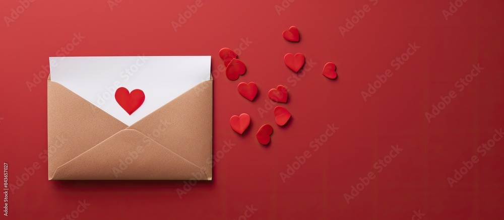 Aufkleber Red paper envelope with empty white card and heart on colored background top view valentines day concept. copy space available