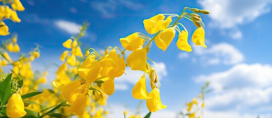 Obraz premium Crotalaria juncea yellow flowers blooming blurred background with copy space isolated on blue sky and white cloud in the garden