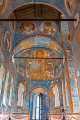 Obraz premium Interior of the cathedral of the Nativity of the Virgin in the Ferrapontov Monastery. Frescoes of Dionysius, East wall