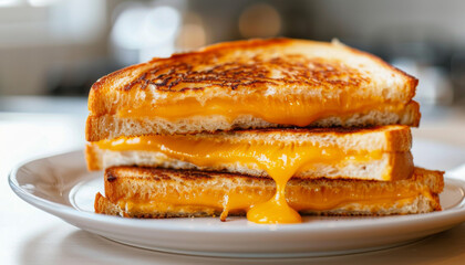 A stack of three toasted sandwiches with melted cheese on top