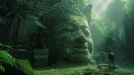 Giant buddha statue in ruin of ancient temple in deep tropical rainforest.