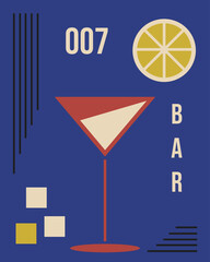 Boho Groovy glass of martini. Modern Abstract Geometrical poster cover design with alcohol Bar beverage. Retro Simple Naive vector  aesthetic can used night club, restaurant design interior.
