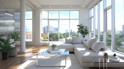 Fototapeta premium A bright and airy living room with a white sofa, glass coffee table, and floor-to-ceiling windows.