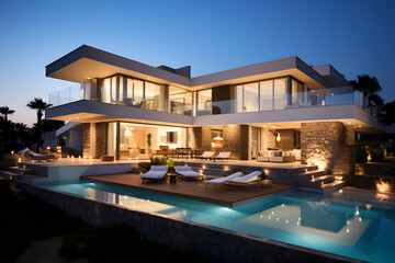 Fototapeta premium Modern Luxury House with Pool and Evening Lighting