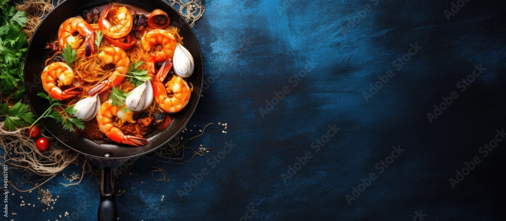 Poster Black spaghetti with prawns and scallop in frying pan on blue background top view with copy space