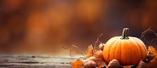 Autumn concept with dry leaves and pumpkin with copy space horizontal shot