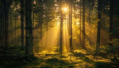 Obraz premium Spectacular sun rays shining through woods and tree in the dense forest. Green and lust forest on a beautiful summer day