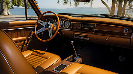 Vintage Car Interior with Wooden Dashboard