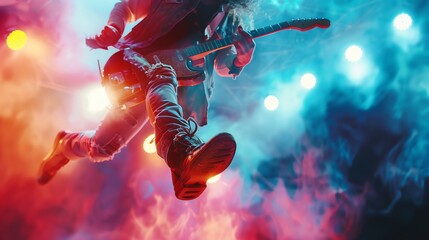 Rock Guitarist Jumping Mid-Air On Stage With Electric Guitar Surrounded By Colorful Smoke And Concert Lights