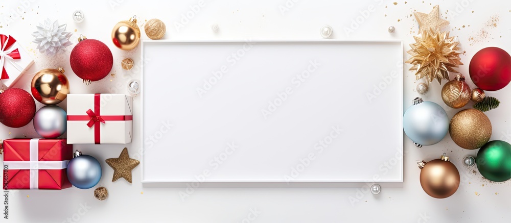 Poster A Christmas themed blank greeting card featuring colorful gift boxes and ornaments surrounded by a blank white paper with ample space for customization Copy space image