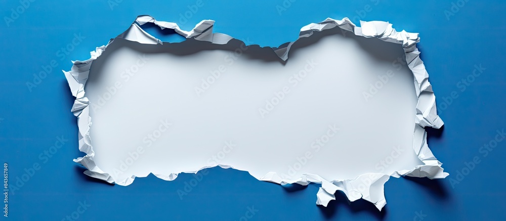Aufkleber hole in studio blue background torn paper background copy space
